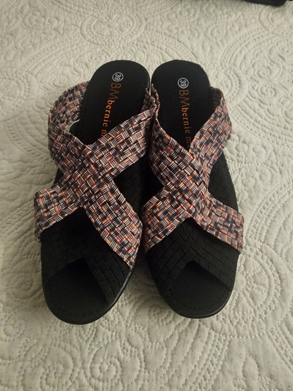 bernie mev. Women's Black Woven Slide Sandals with Multicolor Straps